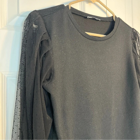 ZARA Black Top With Sheer Puff Sleeves Size S Peter Pan Boho Classic - Picture 3 of 6